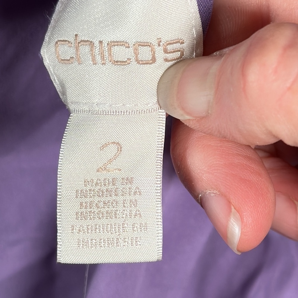 CHICO’S BLOUSE PURPLE  long sleeves w/cuffs buttons upper pockets & drawstring - Picture 10 of 11